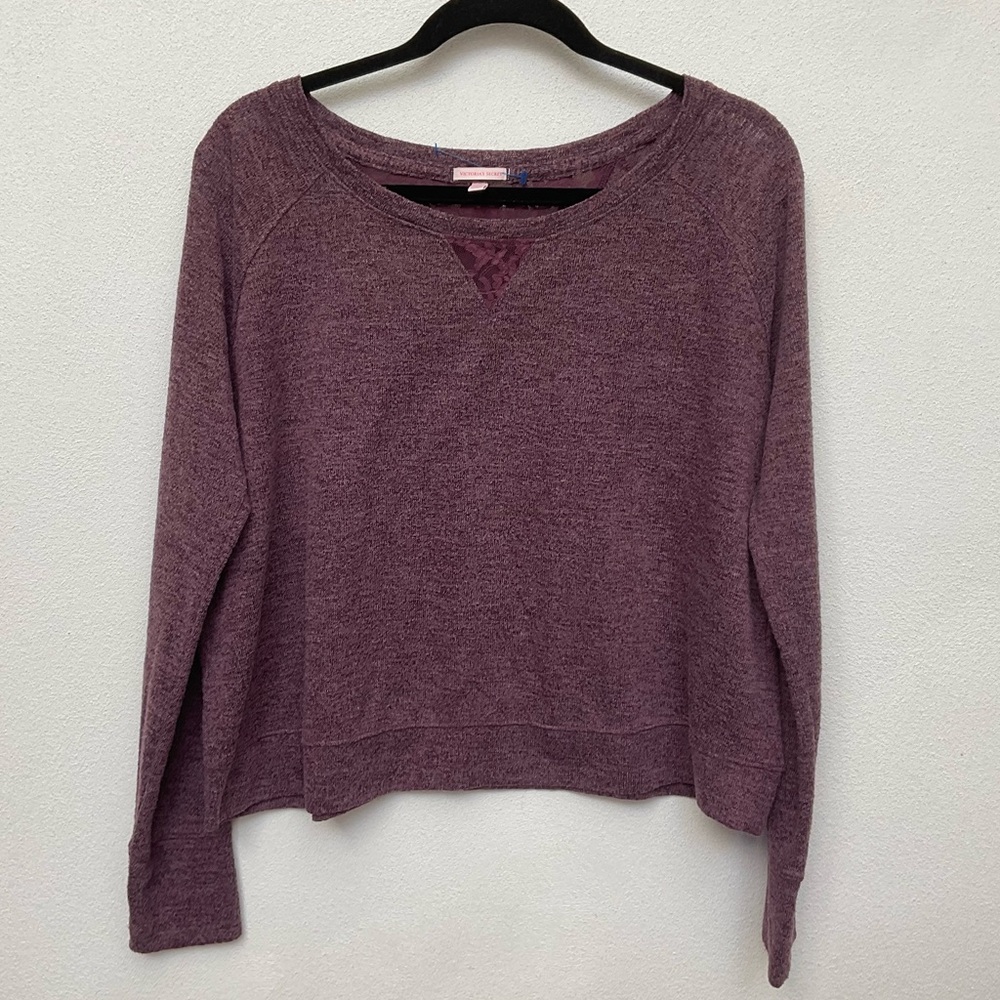 Victoria's Secret Heathered Purple Long Sleeve Crop Top Lace Details Size Medium